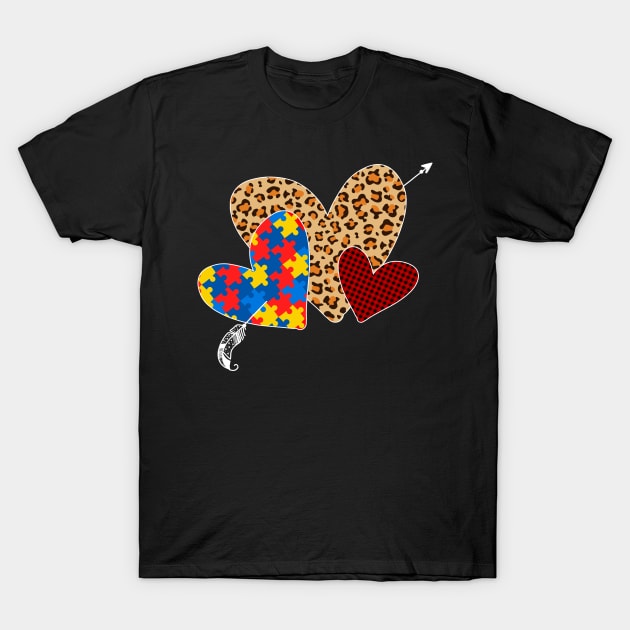 Leopard buffalo plaid autism heart T-Shirt by LinDey